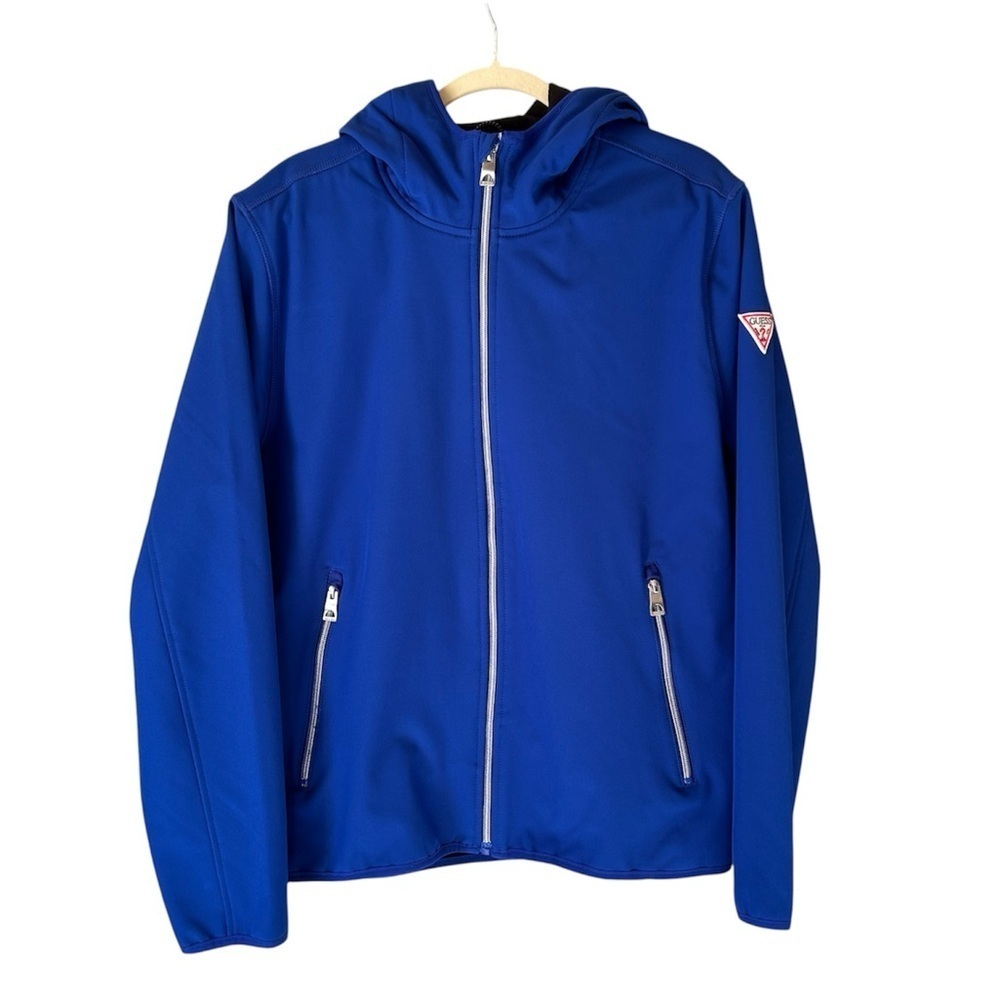 NWT Guess Men's Large Lightweight Jacket Blue Hooded Fleece Mesh Lining Casual